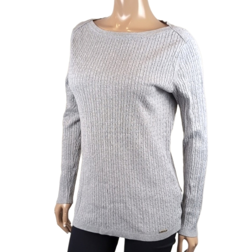 Tommy Hilfiger Long Sleeve Cable Knit Sweater Gray Classic Boat Neck Size Large